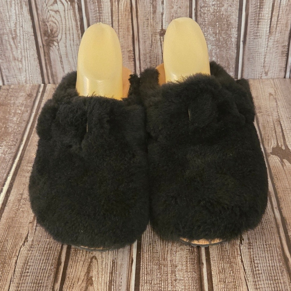 Sz 40 / 9 N Birkenstock Papillio Fanny Teddy Black Shearling Wedge Mules Clogs - Picture 2 of 8